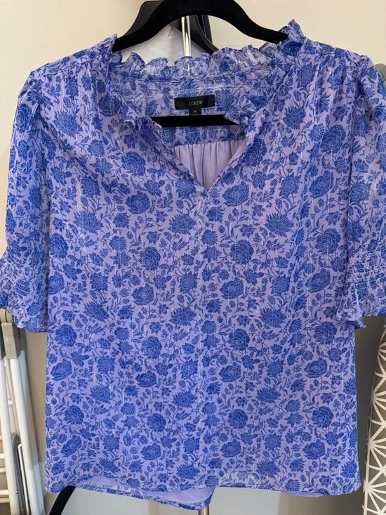 J.Crew Lavender Floral Split-Neck Blouse with silver threads. Worn once. - Picture 1 of 3